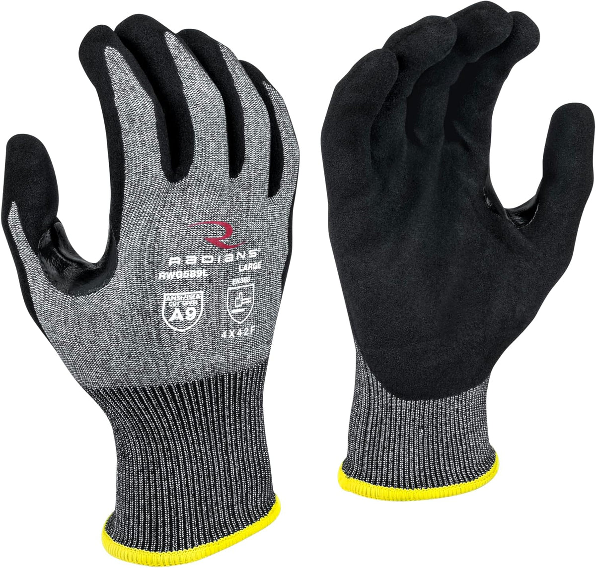 Radians Cut Resistant Work Glove Touchscreen A9 Sandy Foam Nitrile, Medium