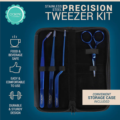O'Creme Set of Culinary Tweezer Tongs 8 Inch Straight, Offset and Curved, Plus Super Sharp Chef Scissors, Total 4 Pieces (Blue)