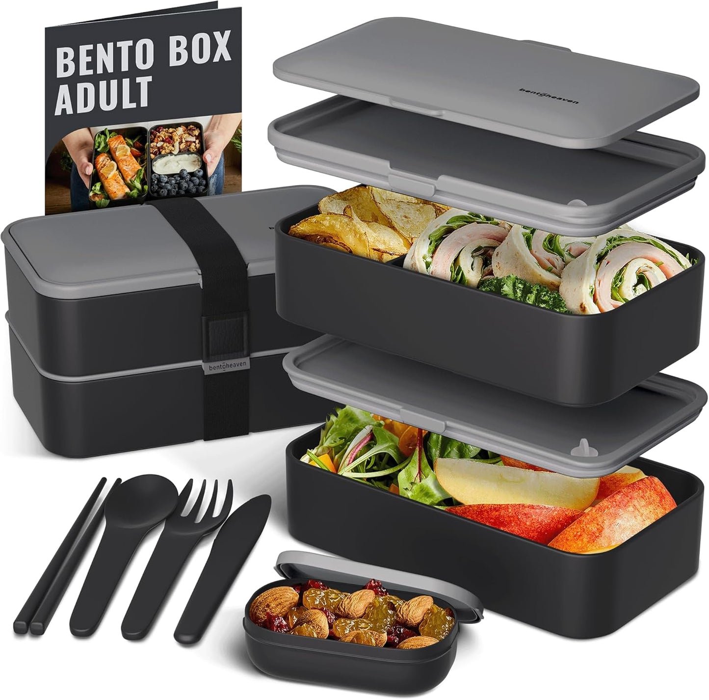 Bentoheaven Premium Bento Box Adult Lunch Box with Compartments for Women & Men, Set of Utensil & Chopsticks & Dip Container, Cute Japanese Kids Bento Lunch Box, Microwavable (Symph Onyx)