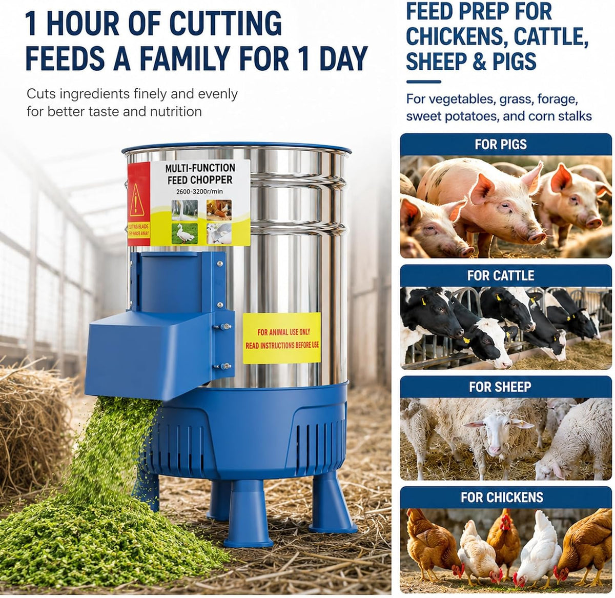 Commercial Electric Vegetable Chopper, 1500W Stainless Steel Poultry Feed Processor, Multifunctional Food Chopper for Chicken, Cattle, Sheep, Farm & Household Livestock Feed Shredder 2200W