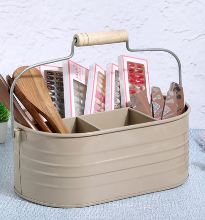 Alpha Living Home Galvanized Metal Utensil Caddy - Rustic Farmhouse Organizer Metal Garden Caddy with 4 Compartments and Wooden Handle for Kitchen, Buffet & Outdoor Events (Silver)