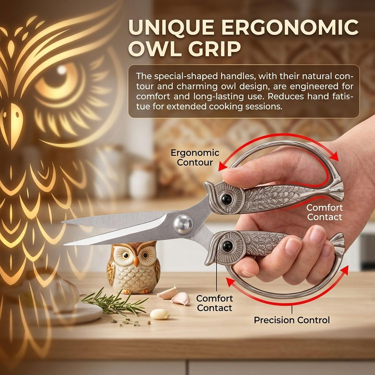 XSNBRD All Purpose Kitchen Scissors, Pearl Gold Stainless Owl Shears.