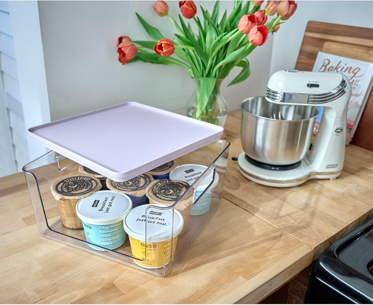 Rosanna Pansino x iDesign Recycled Plastic Open Front Kitchen Storage Bin with Lid, Clear Bin/Marshmallow Lid, 12" x 12" x 6"