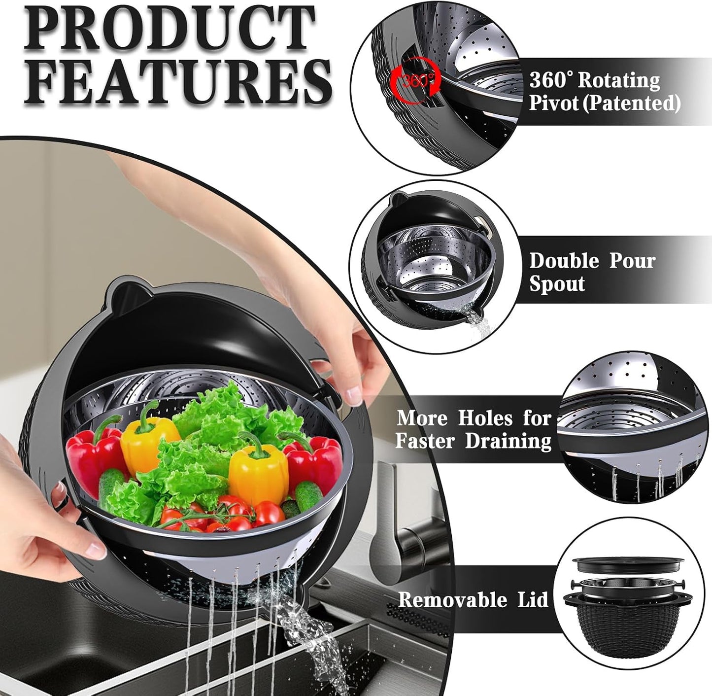 4-in-1 Colander with Bowl Set — Patented 360° Rotatable Strainer Bowl with 3 Graters, Snap-On Lid & Non-Slip Base, Funny Kitchen Present for Women, Aesthetic Pasta Fruit Vegetable Strainer (Beige)