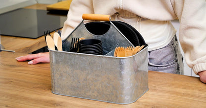 Plexon Metal Utensil Caddy With Handle - Farmhouse Rustic Kitchen Utensil Holder for Party Picnic Table Garden - Tool Cutlery Flatware Silverware Caddy Organizer Storage, Red