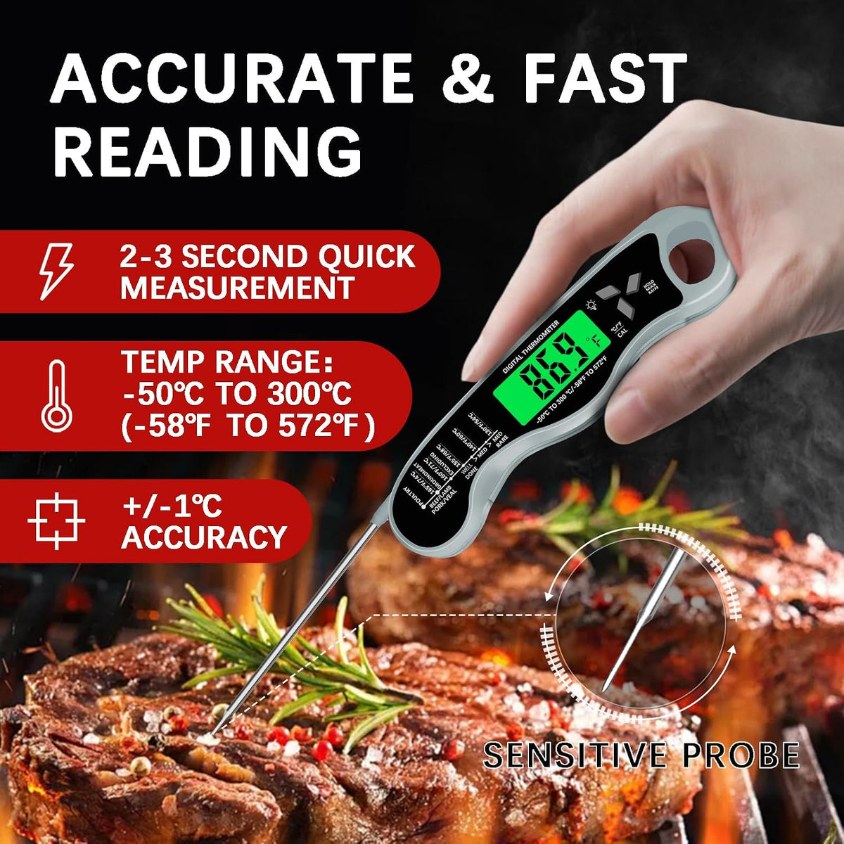 Cooking Thermometer，IP67 Waterproof Meat Thermometer Digital