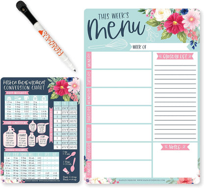 Hadley Designs Weekly Meal Planner Dry Erase Board for Refrigerator, Floral Magnetic Weekly Menu Board for Kitchen Conversion Chart, Meal Planner for Refrigerator, Magnetic Menu Board for Fridge
