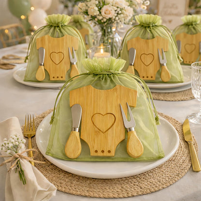 6 Sets Mini Wooden Cheese Board, Baby Shower Favors for Guests, Baby Shower Prizes for Game Winners, Baby Bodysuit-Shaped Bamboo Charcuterie Board Gift Set with Spreader Knife, Fork & Organza Bag