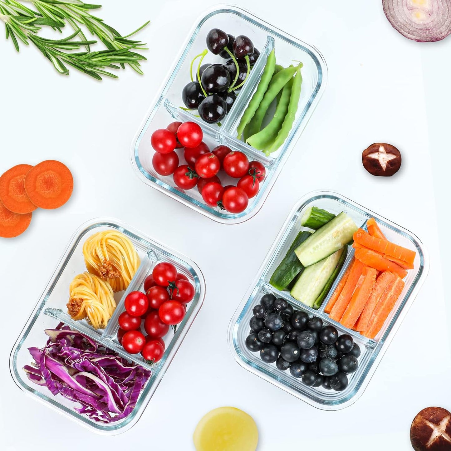 M MCIRCO [5-Pack, 36 oz] Glass Meal Prep Containers 3 Compartment with Lids, Glass Lunch Containers,Food Prep Lunch Box,Bento Box,Microwave, Oven, Freezer, Dishwasher (4.5 Cups, Green)