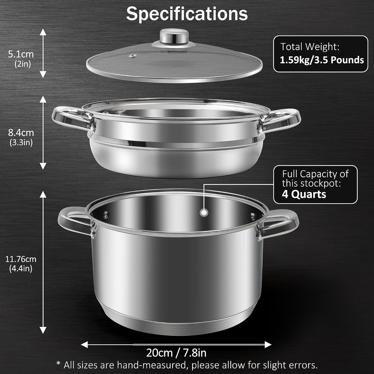 6 QT Stainless Steel Cookware Set, 3-Piece Multipurpose Stock Pot with Steamer Pot and Tempered Glass Lid, Stainless Steel Handle, Work with Gas Electric Induction Stove