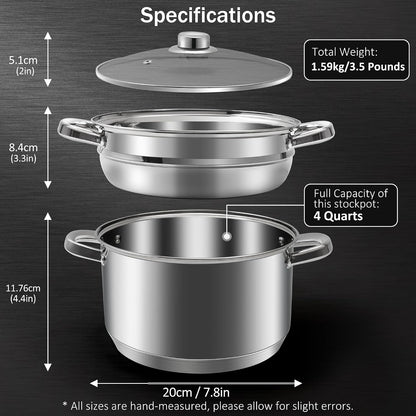 6 QT Stainless Steel Cookware Set, 3-Piece Multipurpose Stock Pot with Steamer Pot and Tempered Glass Lid, Stainless Steel Handle, Work with Gas Electric Induction Stove
