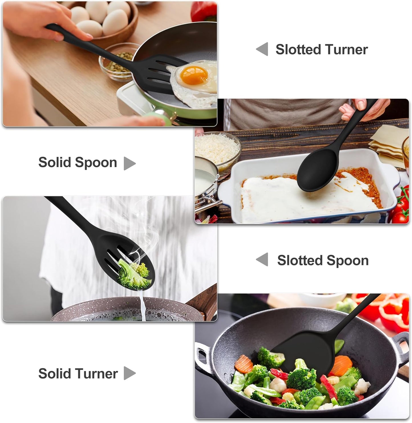 TeamFar Silicone Cooking Utensils, 4pcs Kitchen Utensils Set with Silicone Spatulas & Spoons, Heat-Resistant Solid & Slotted Cooking Spoons Turners for Non-stick Cookware, Dishwasher Safe, Black