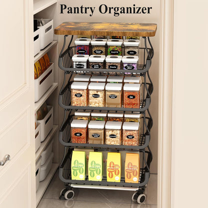 SAYZH Fruit Basket Kitchen Pantry Organizers and Storage - Wooden Top Table, Stackable Metal Wire Basket Stand Cart for Fruit Vegetable Snacks Onion Potato Organization (White, 5 Tiers)