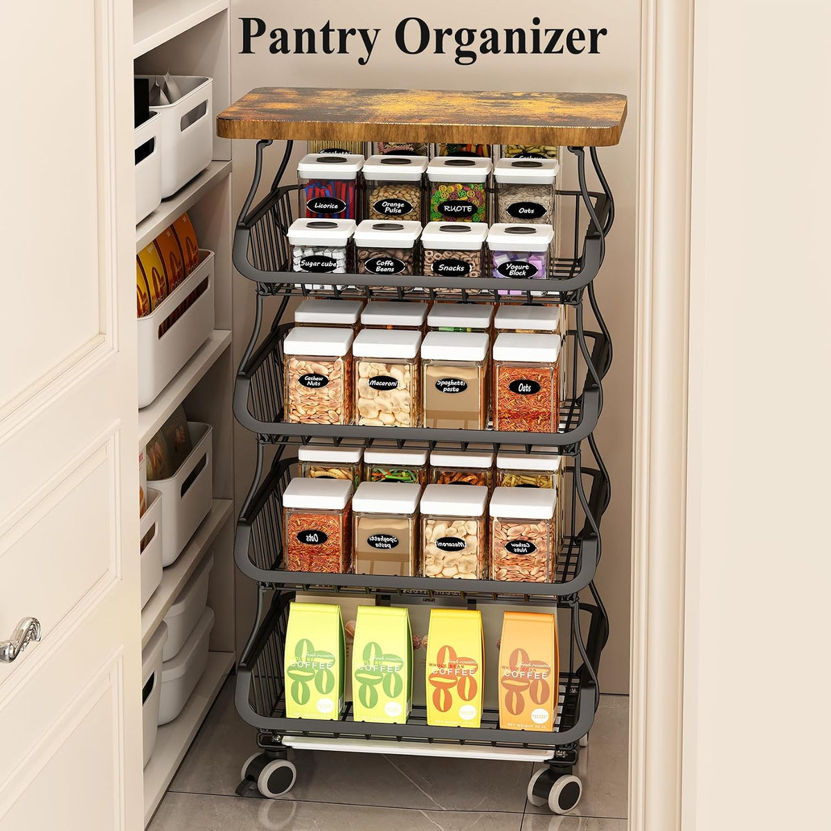 SAYZH Fruit Basket Kitchen Pantry Organizers and Storage - Wooden Top Table, Stackable Metal Wire Basket Stand Cart for Fruit Vegetable Snacks Onion Potato Organization (Black, 5 Tiers)