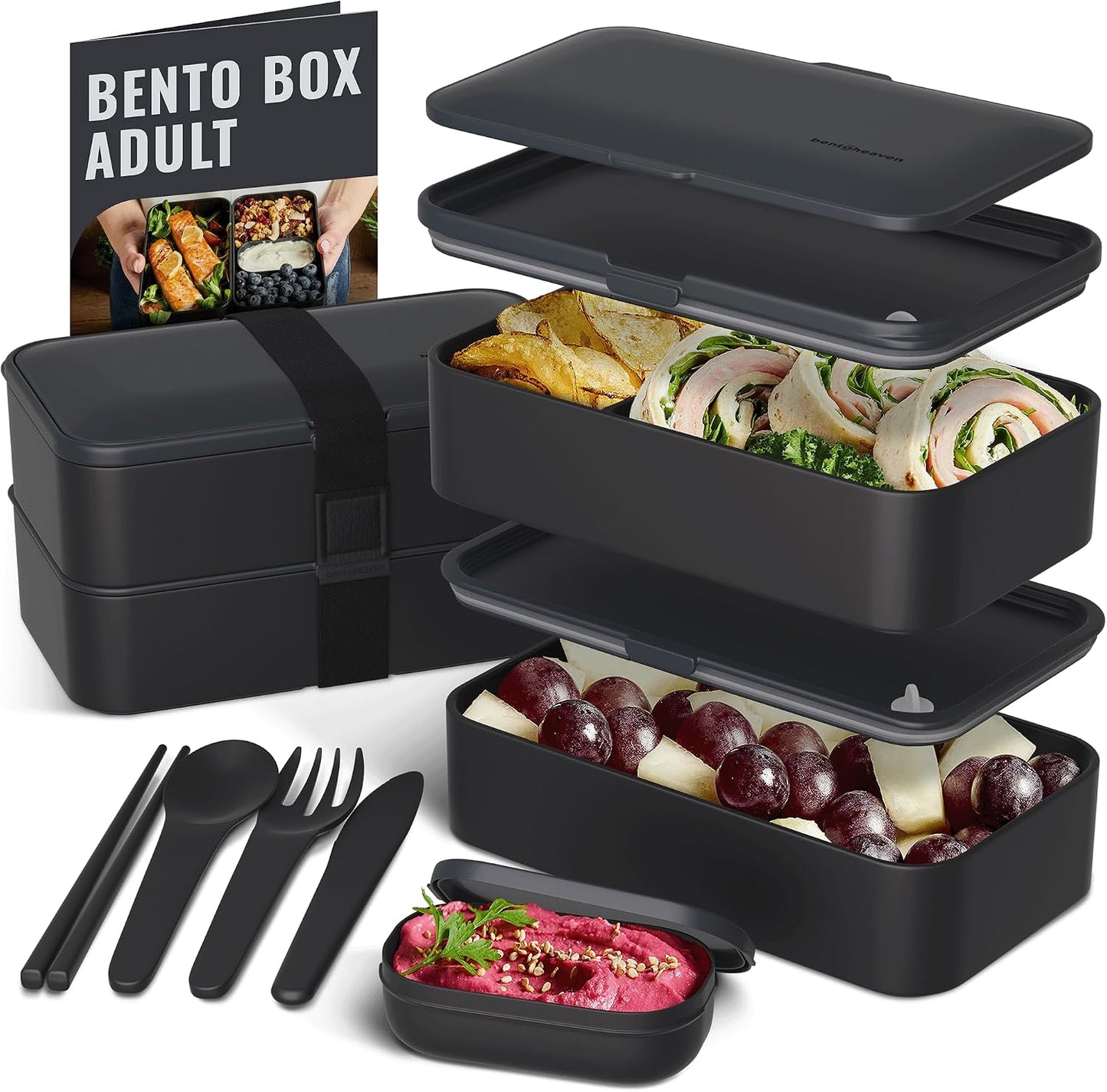 Bentoheaven Premium Bento Box Adult Lunch Box with Compartments for Women & Men, Set of Utensil & Chopsticks & Dip Container, Cute Japanese Kids Bento Lunch Box, Microwavable (Symph Onyx)