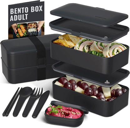 Bentoheaven Premium Bento Box Adult Lunch Box with Compartments for Women & Men, Set of Utensil & Chopsticks & Dip Container, Cute Japanese Kids Bento Lunch Box, Microwavable (Symph Onyx)