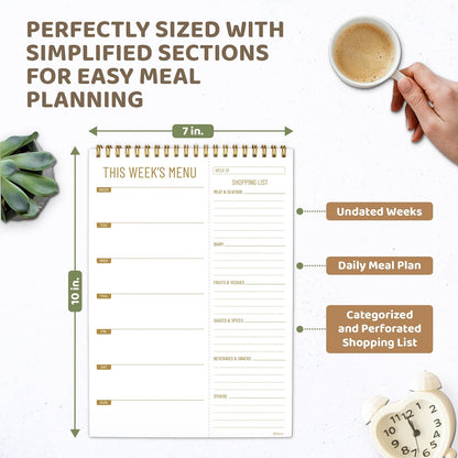 Decorably 52 Sheets Minimalist Undated Magnetic Weekly Meal Planner and Grocery List with 4 Strong Magnets, 7x10in Spring-Bound Refrigerator Mountable, Easy Tear-Off Design