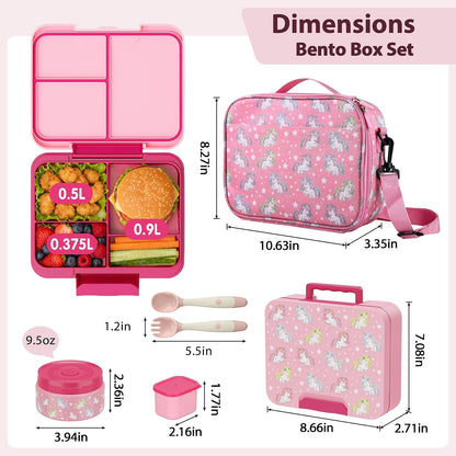 Kids Bento Lunch Box Set with 9.5oz Soup Thermo, Leak-Proof Lunch Food Containers with 3 Compartment and Removable Inner Tray, Insulated Hot Food Jar with Lunch Bag for School, Office, Sea Blue