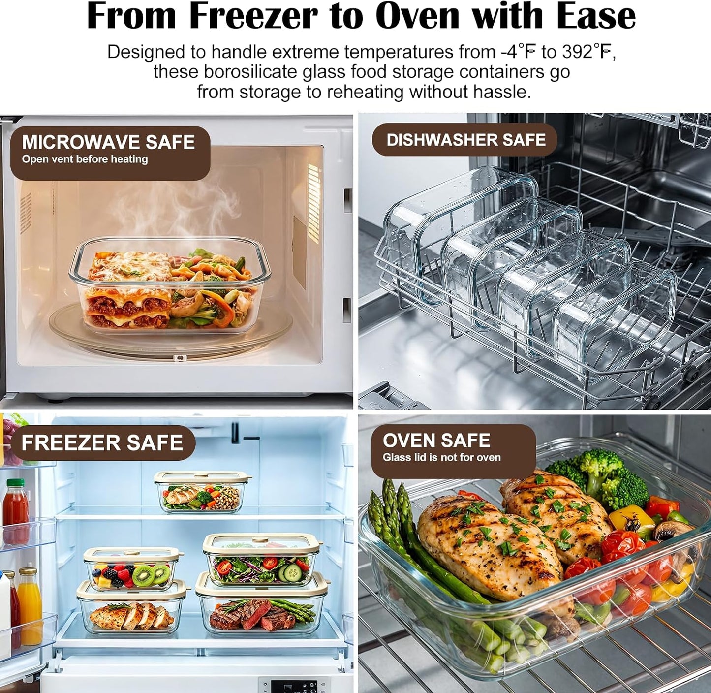 5 Pack 35 oz Glass Meal Prep Containers, Plastic-Free Glass Food Storage Containers with Lids, 4.4 Cups Airtight Glass Lunch Containers for Leftovers, Microwave, Oven, Freezer and Dishwasher