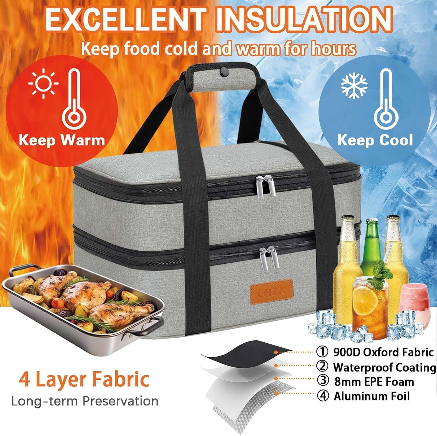 LHZK Insulated Casserole Carriers for Hot or Cold Food, Lasagna Holder Tote for Potluck Parties, Beach, Picnic, Travel, Fits 11x15 or 9x13 Dish (Black)