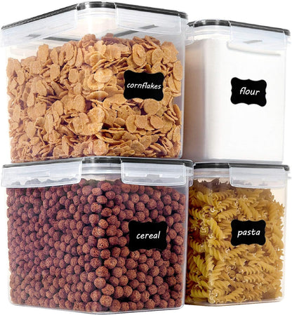 Vtopmart 4 PCS Large Food Storage Containers 5.2L / 175oz, 4 Pieces BPA Free Plastic Airtight Canisters for Flour, Sugar, Baking Supplies, Rice with Lids, 4 Measuring Cups and 24 Labels, Black