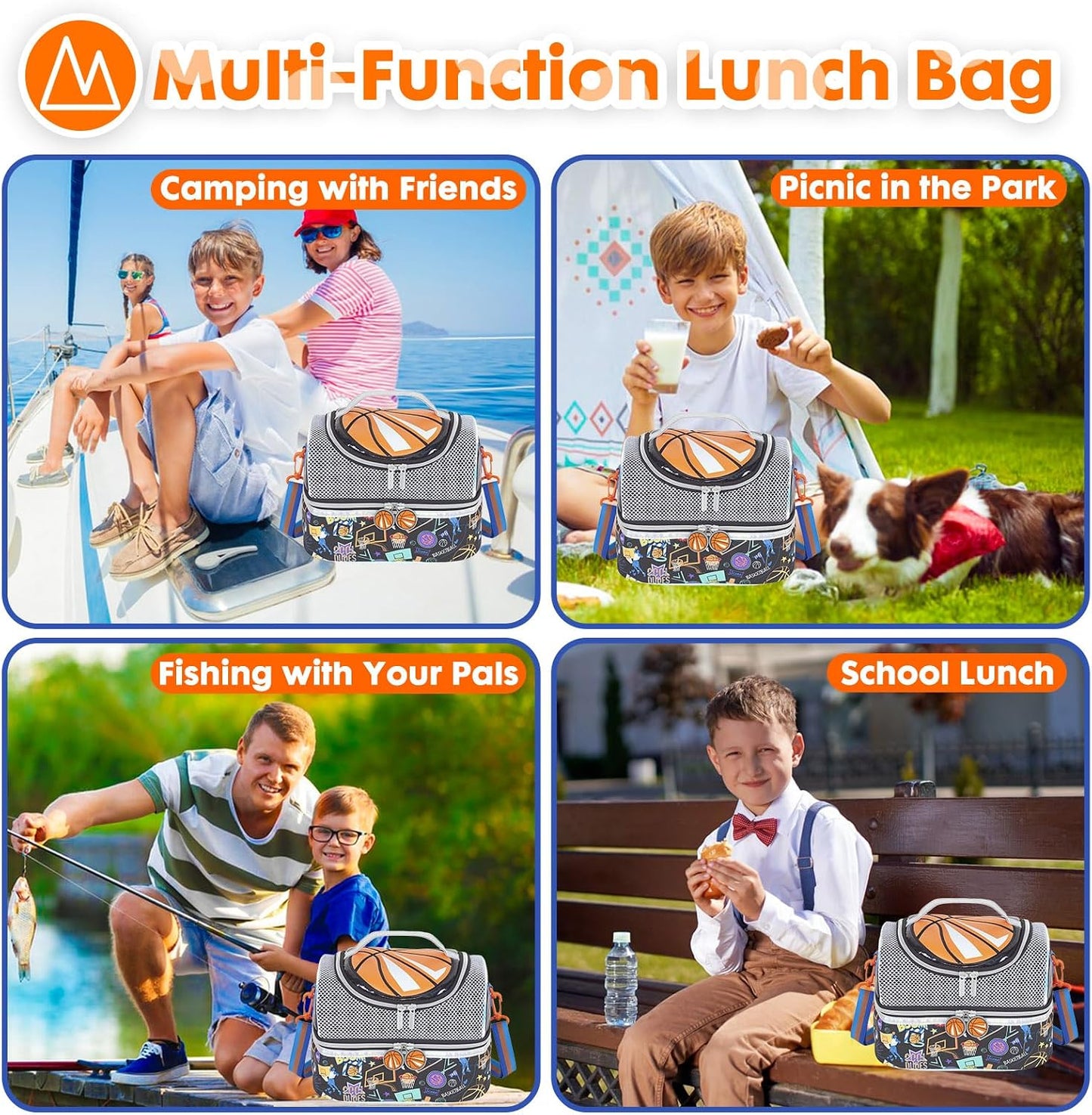 Kids Double Decker Cooler Insulated Lunch Bag, Back to School Large Meal Tote for Boys, Girls, Men, Women, with Adjustable Strap, Soccer