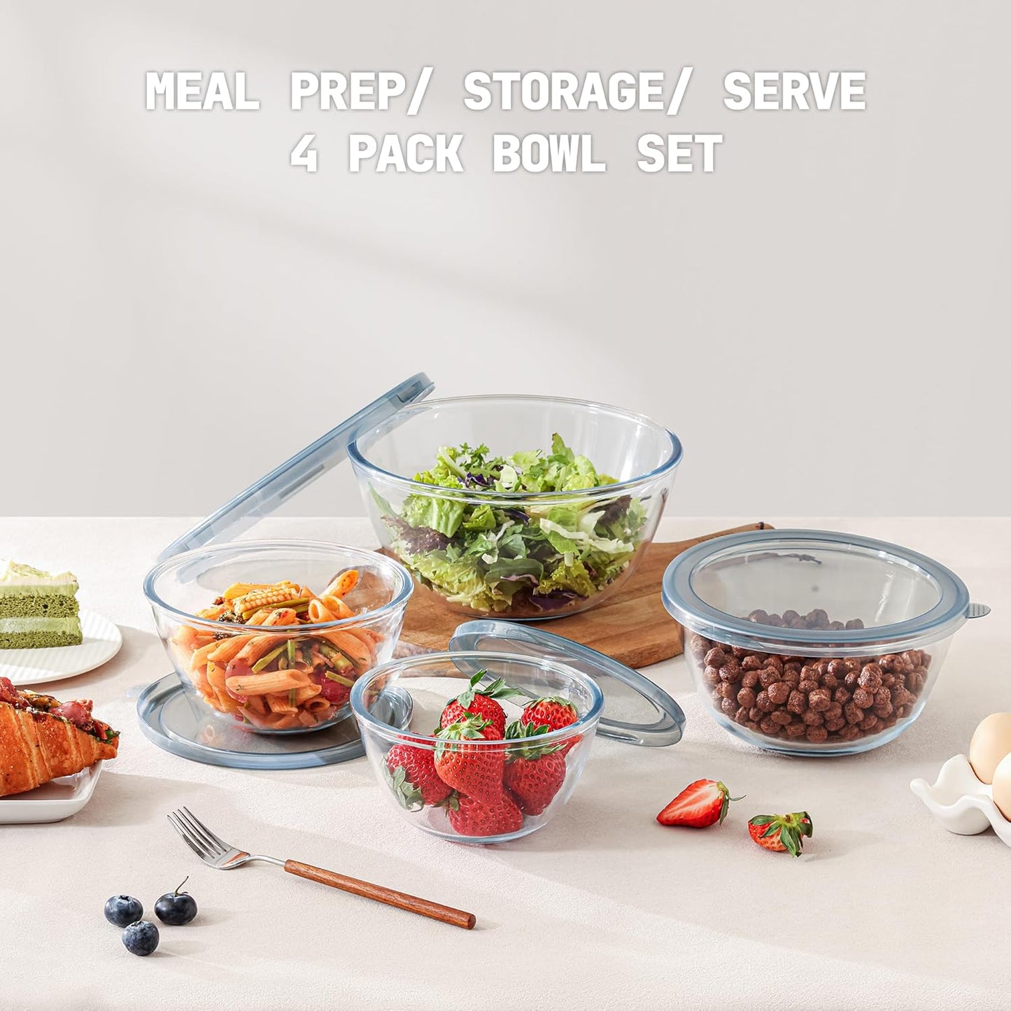 Cuiselect 5pc Glass Mixing Bowls with Lids Set (4.65QT, 2.80QT, 1.64QT, 1.16QT, 0.85QT), Nesting Salad Bowl, Large Glass Mixing Bowl for Cooking, Baking, Prepping-Dishwasher Microwave Freezer Safe