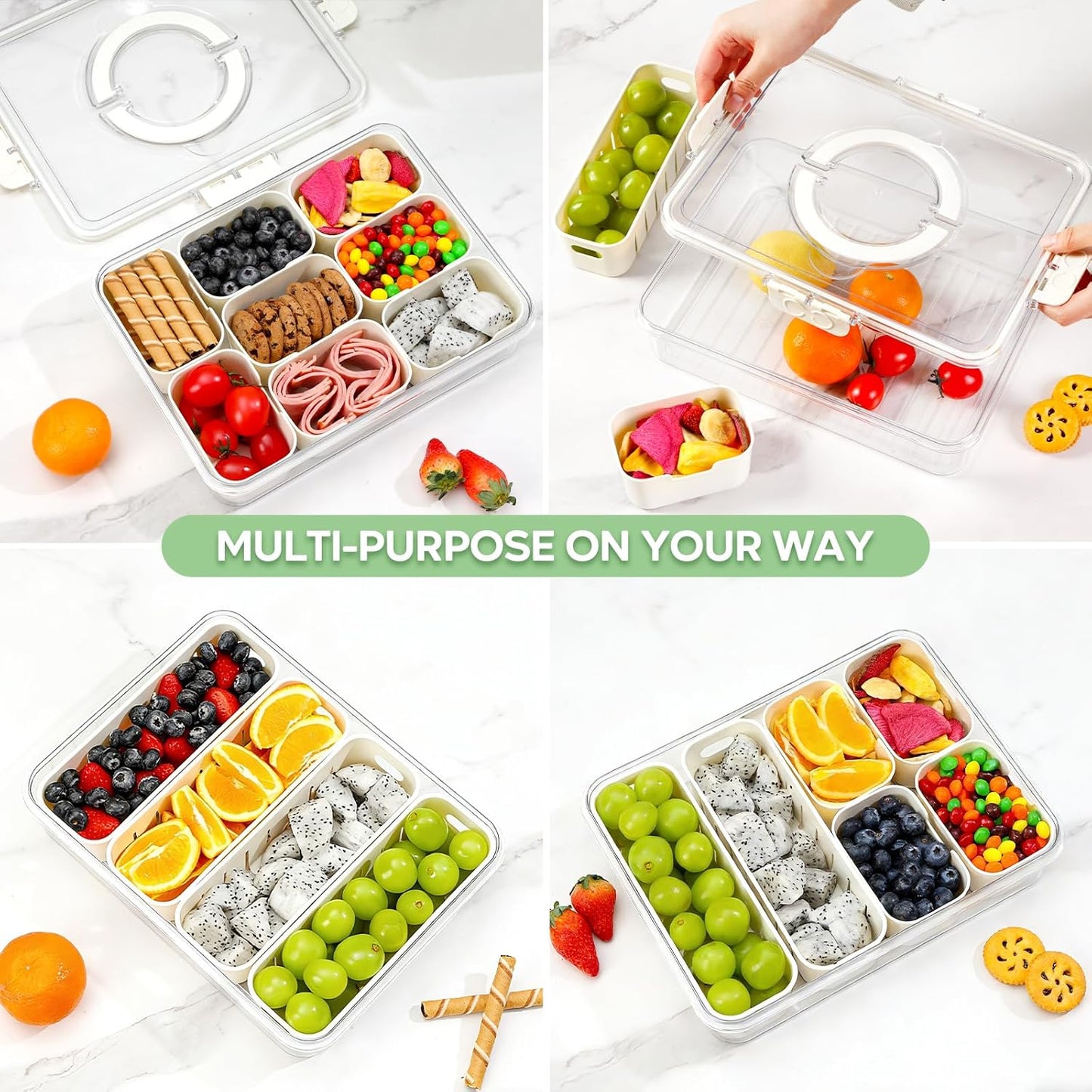 2 Pack Divided Serving Tray with Lid and Handle, 12 Compartments Snackle Box Container for Portable Snack Platters Large Clear Organizer for Picnic Snacks to Go Dishwasher Safe