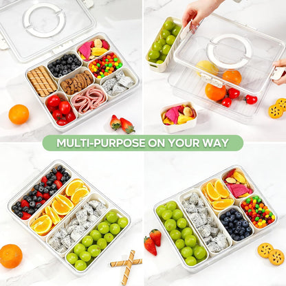 2 Pack Divided Serving Tray with Lid and Handle, 12 Compartments Snackle Box Container for Portable Snack Platters Large Clear Organizer for Picnic Snacks to Go Dishwasher Safe