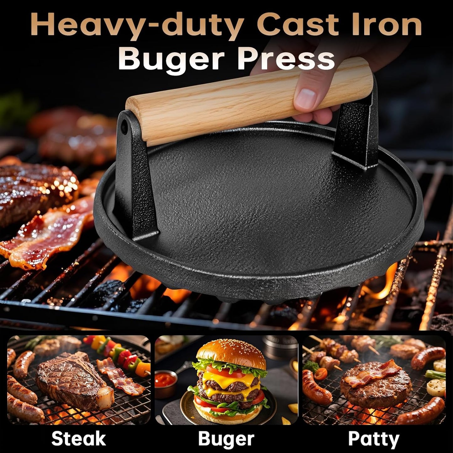 Burger Press Patty Maker Stainless Steel Hamburger Patty Press Mold Wood Handle Non-Stick with 100 Patty Papers,BBQs, and Cooking – Perfect for Flattening Patties and Searing Juicy Burgers