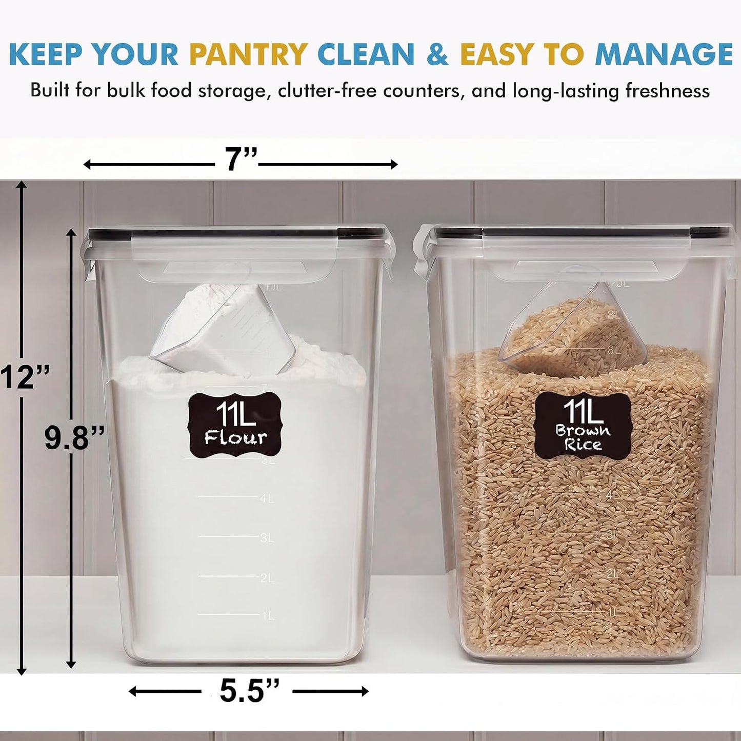 Shazo 2 PC (11L | 372 oz) Flour Sugar Storage Containers with Easy Carry Handle - Plastic Extra Large Food Storage Containers with Lids for Rice Cereal, BPA Free & Airtight Kitchen Pantry Organization