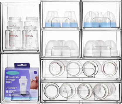 Vtopmart Stackable Storage Drawers Set of 5, Clear Plastic Organizer Bins for Baby Bottle, Beauty Supplies Storage, Ideal for Kichen Countertop, Vanity, Bathroom, Cabinet, Pantry Organization
