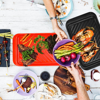 Grilling Prep and Serve Trays, BBQ Platter for Raw and Cooked Food, Melamine Serving Trays for Food, Set of 2, Black and Red, Napkin and Cleaning Clothes Included