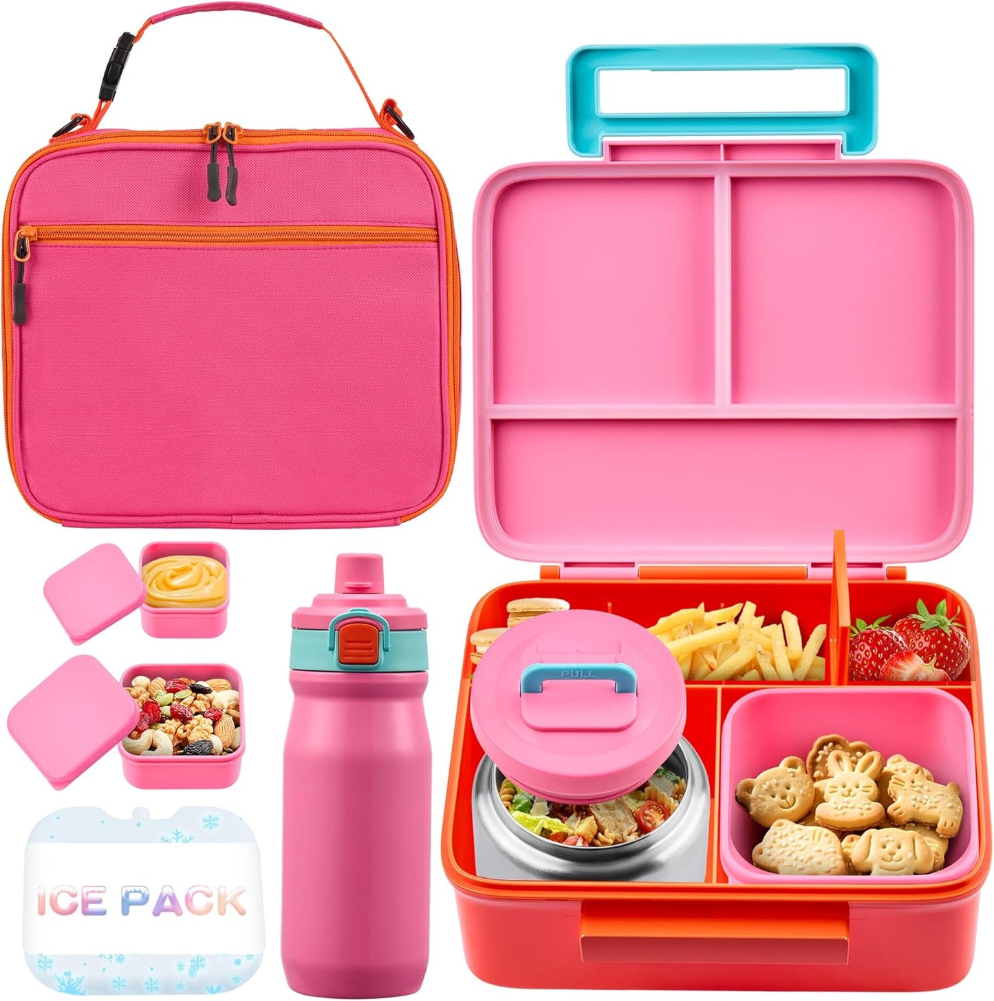 Bento Lunch Box for Kids with Thermo, Leakproof Bento Box with 8oz Insulated Food Jar, Insulated Bottle, Lunch Bag, BPA Free Dishwasher Safe 4 Compartment Container for School Girls Boys (Pink)