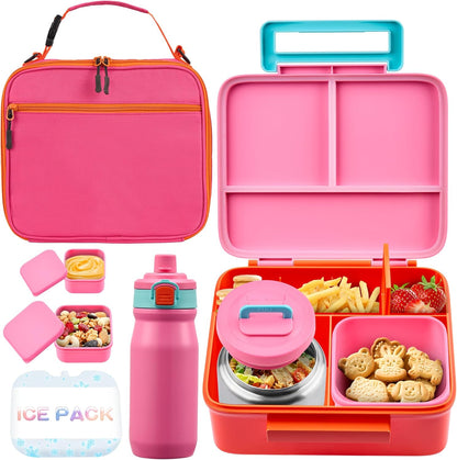 Bento Lunch Box for Kids with Thermo, Leakproof Bento Box with 8oz Insulated Food Jar, Insulated Bottle, Lunch Bag, BPA Free Dishwasher Safe 4 Compartment Container for School Girls Boys (Pink)