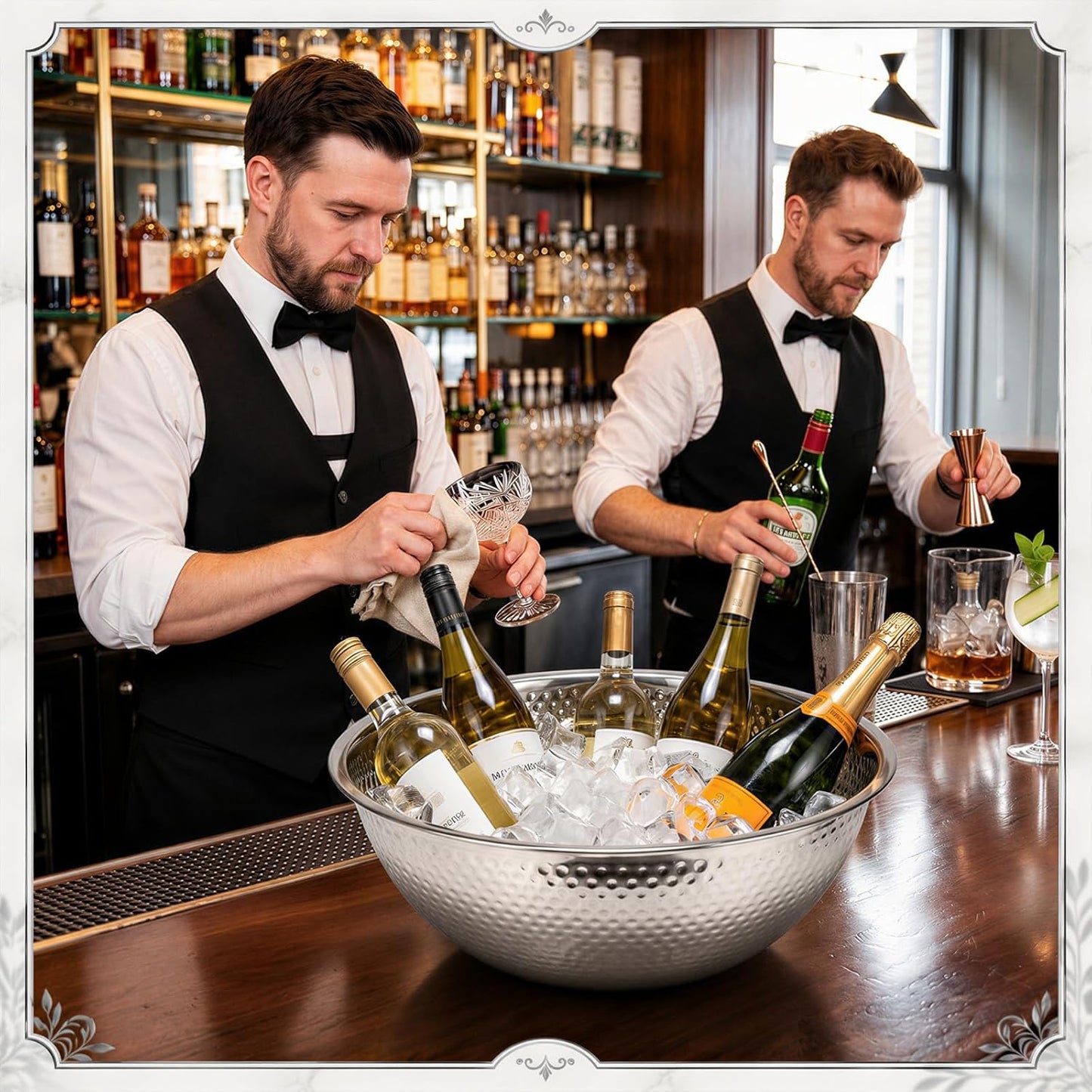2 Pcs Large Gold Hammered Stainless Steel Beverage Tub 15.35x5.12 Inch, 16.4 Qt Leak-proof Ice Bucket for Parties, Champagne Wine Chiller Bowl, Luxury Drink Cooler for Wedding, Mimosa Bar