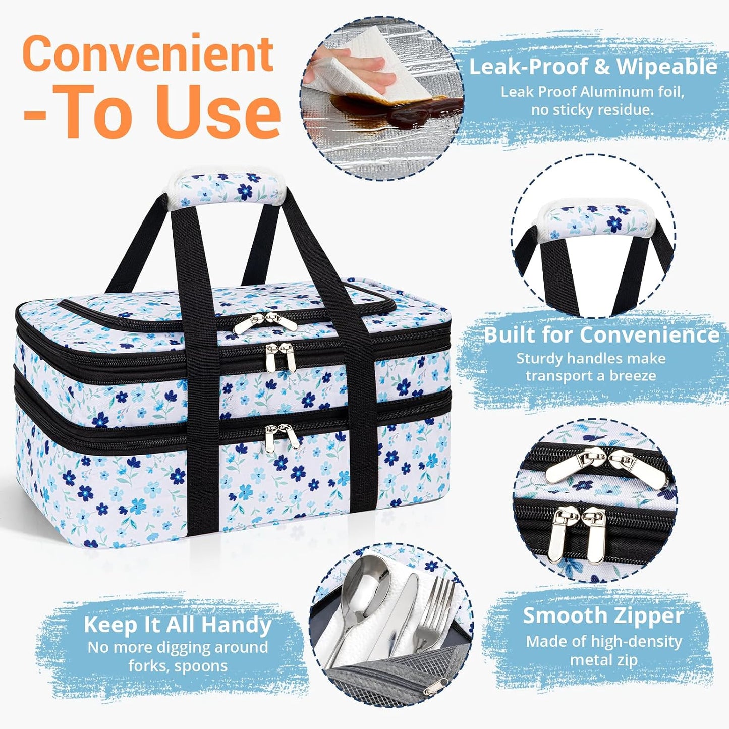 Double Insulated Casserole Carrier - Portable Casserole Carriers for Hot or Cold Food Lunch Tote Warmer or Cooler Bag for Potluck Parties Picnic Cookouts, Fits 9" x 13" Baking Dish - Grey