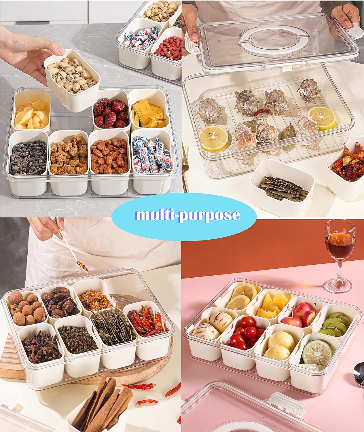 1Pack Divided Serving Tray with Lid and Handle Snack Tray with Lid Picnic Charcuterie Fruit Tray Candy Container Picnic Charcuterie Travel Box for Snacks (1)