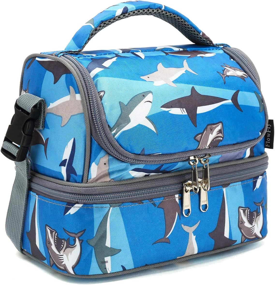 FlowFly Kids Double Decker Cooler Insulated Lunch Bag Large Tote for Boys, Girls, Men, Women, With Adjustable Strap, Unicorn
