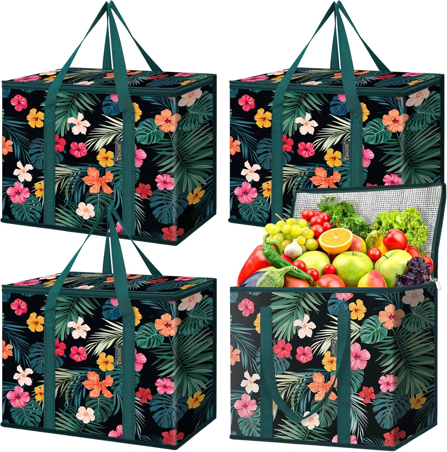 BALEINE 2Pk Insulated Reusable Grocery Bags, Collapsible Cooler Bag for Groceries, Heavy Duty Large Insulated Bag (16''x9''x13'', Antique Foliage)