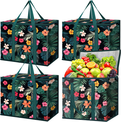 BALEINE 2Pk Insulated Reusable Grocery Bags, Collapsible Cooler Bag for Groceries, Heavy Duty Large Insulated Bag (16''x9''x13'', Antique Foliage)