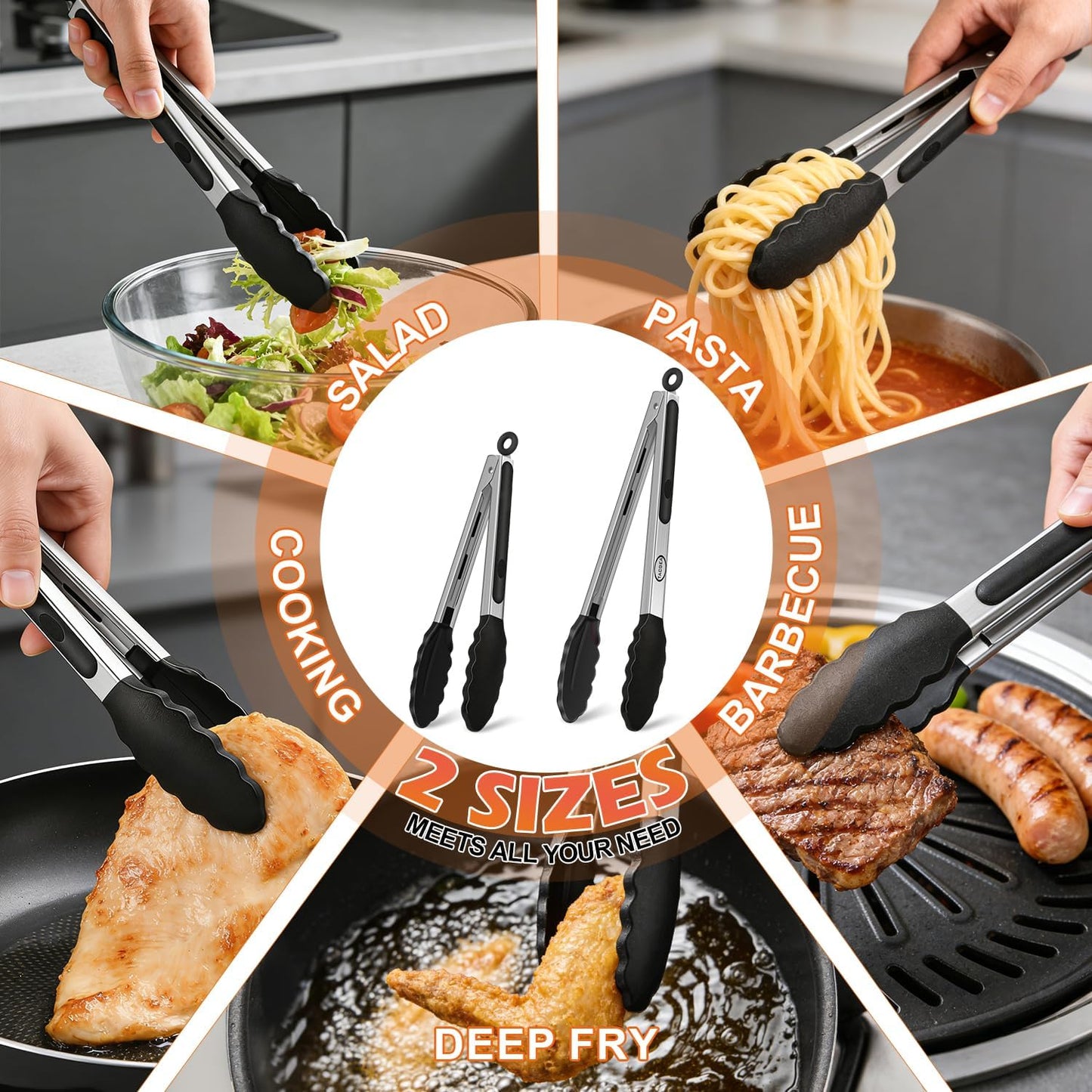 TACGEA Stainless Steel Kitchen Tongs with Silicone Tips, Locking Grilling Food Tongs, 7" 9" and 12", Set of 3 Black