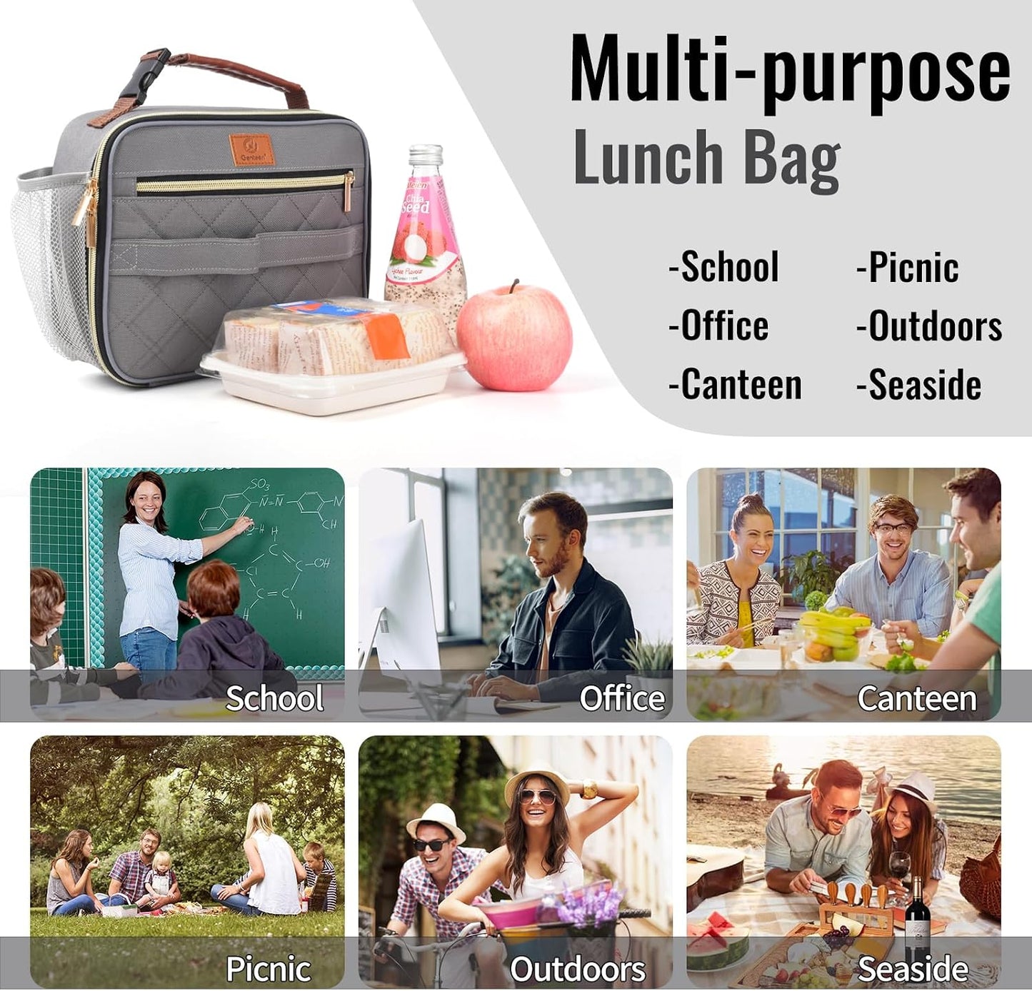 Genteen Lunch Box for Kids, Boys - Insulated Small LunchBox Reusable, Zip Closure & Buckle Handle, Portable Cooler for Work, School, Travel (Lake Green)