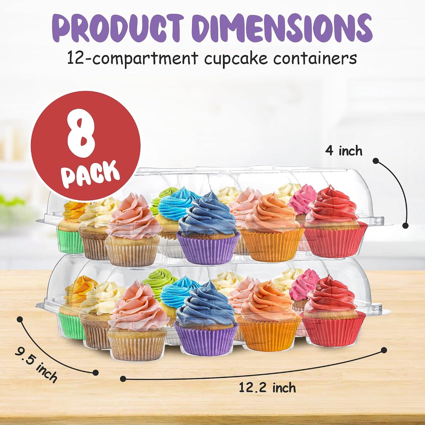 Plastic Cupcake Containers Boxes | 12 Compartment – 8 Pack | Disposable High Dome Dozen Cupcake Holder With Lid Bulk | Extra Sturdy Stackable Cupcake Boxes | Durable Muffin Packaging Transporter To Go