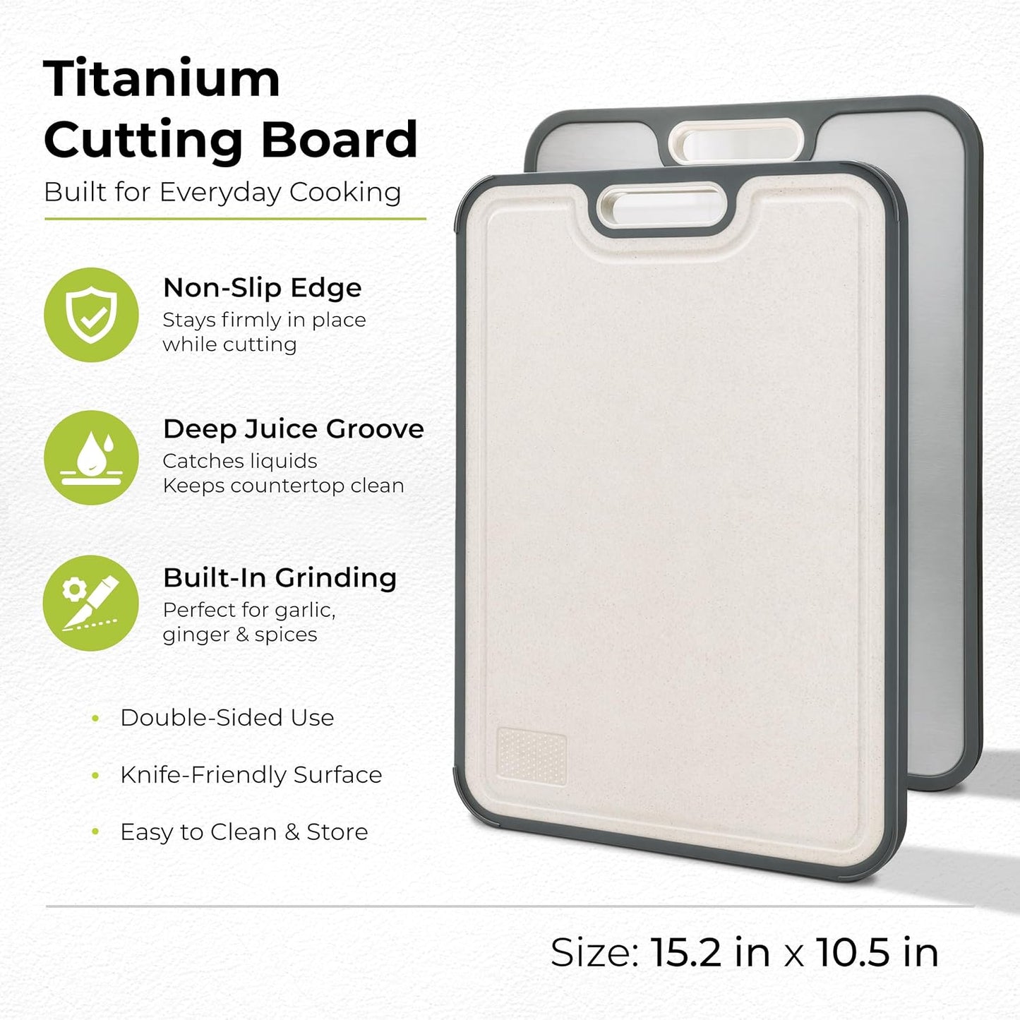 Freshware Titanium Cutting Board for Kitchen, Set of 2, Double Sided Cutting Boards, Pure Titanium/PP, Chopping Board with Juice Grooves, Dishwasher Safe, Medium 12.1" by 8.3" and Large 16.2" by 11"