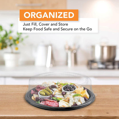 Party Essentials Hard Plastic 12" Black Trays With Clear Dome Lids, Set of 2 Trays and 2 Lids, Clear/Black