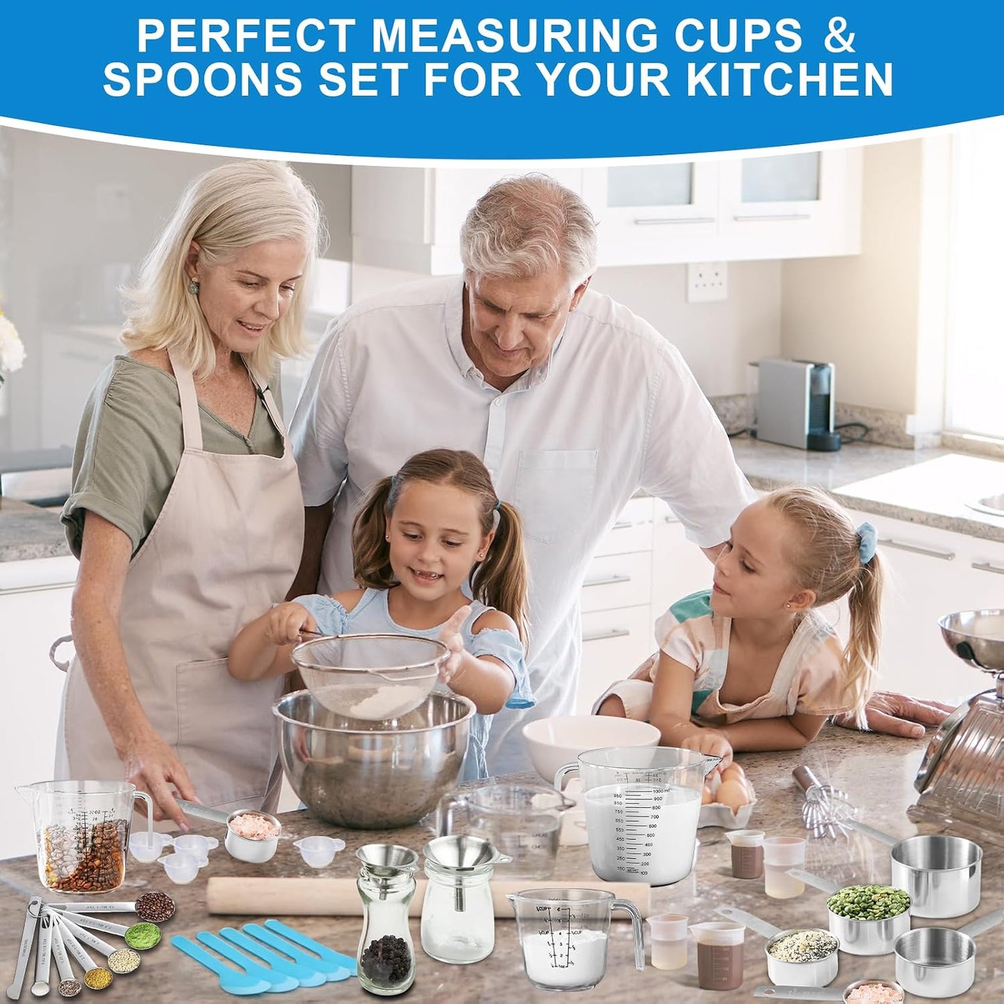 Measuring Cups and Spoons Set 21 Piece, 11 Stainless Steel Nesting Measuring Spoons and Cups with 3 Plastic Measuring Cup, 3 Funnel, 3 Brush, 1 Ruler, Measuring Cup Set for Kitchen Baking Liquid Dry