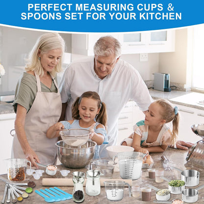 Measuring Cups and Spoons Set 21 Piece, 11 Stainless Steel Nesting Measuring Spoons and Cups with 3 Plastic Measuring Cup, 3 Funnel, 3 Brush, 1 Ruler, Measuring Cup Set for Kitchen Baking Liquid Dry