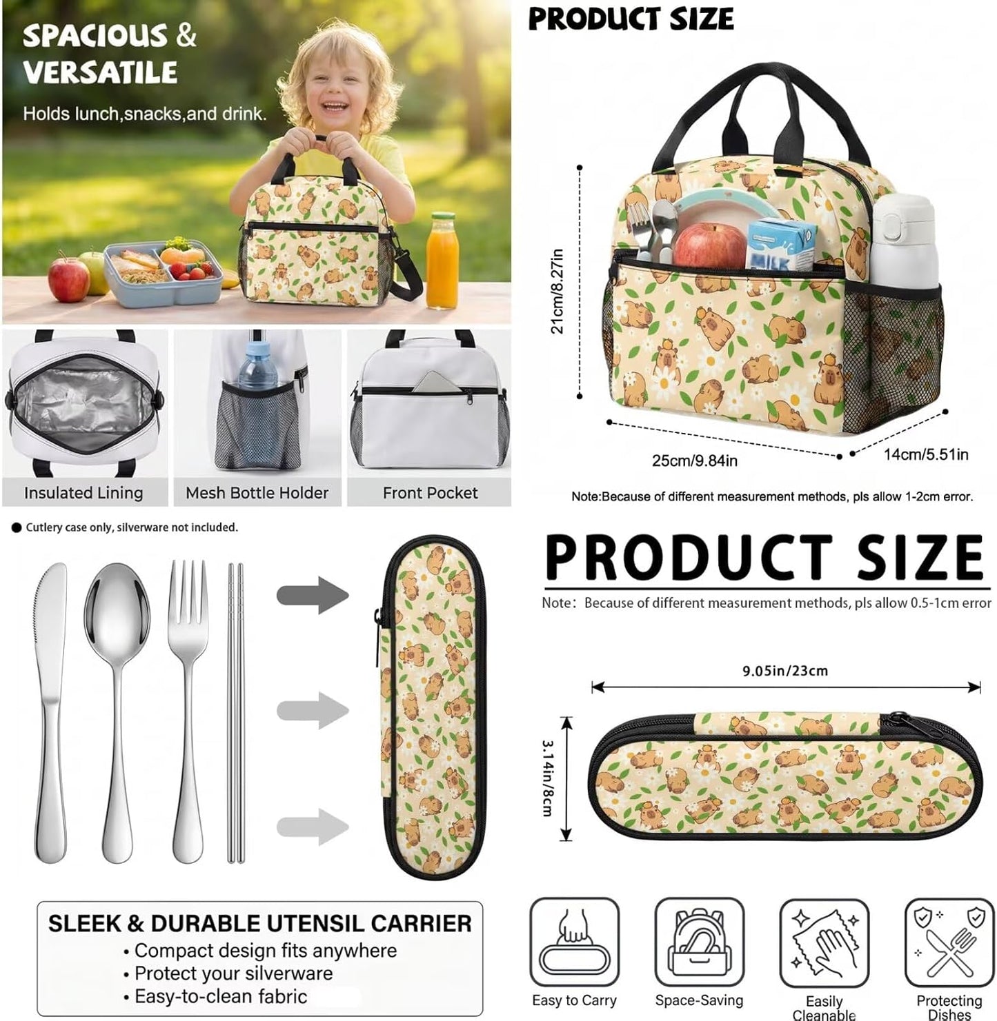 Cute Capybara Pizza Backpack for Girls, 5 Pcs Boys School Bag Set for Kids, 17 Inch Backpacks Lunch Pencil Box Reusable Utensils Case Set for Middle Elementary School, 3rd Grade Backpack