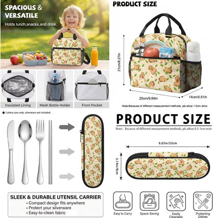 Cute Capybara Pizza Backpack for Girls, 5 Pcs Boys School Bag Set for Kids, 17 Inch Backpacks Lunch Pencil Box Reusable Utensils Case Set for Middle Elementary School, 3rd Grade Backpack